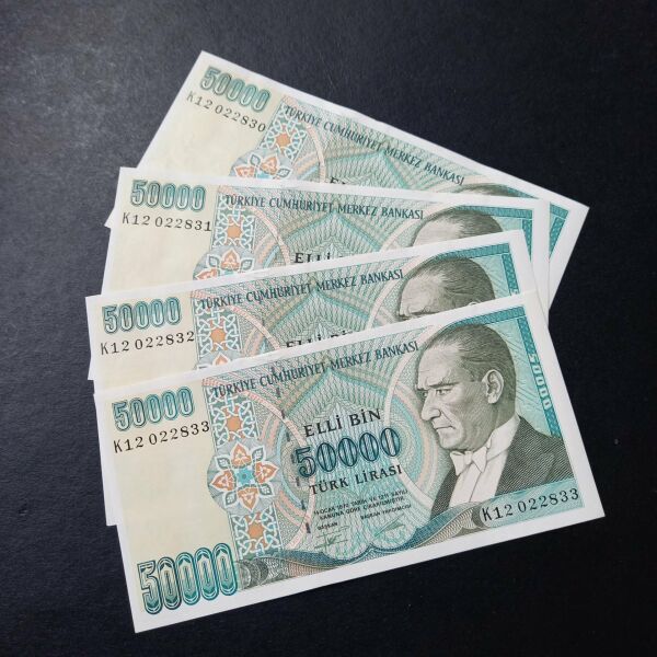 50BİN Lira K12 7.Emisyon 2.Tertip 4Adet 50000TL Seri takipli ÇİL eski kağıt para 39963670679f634c7f