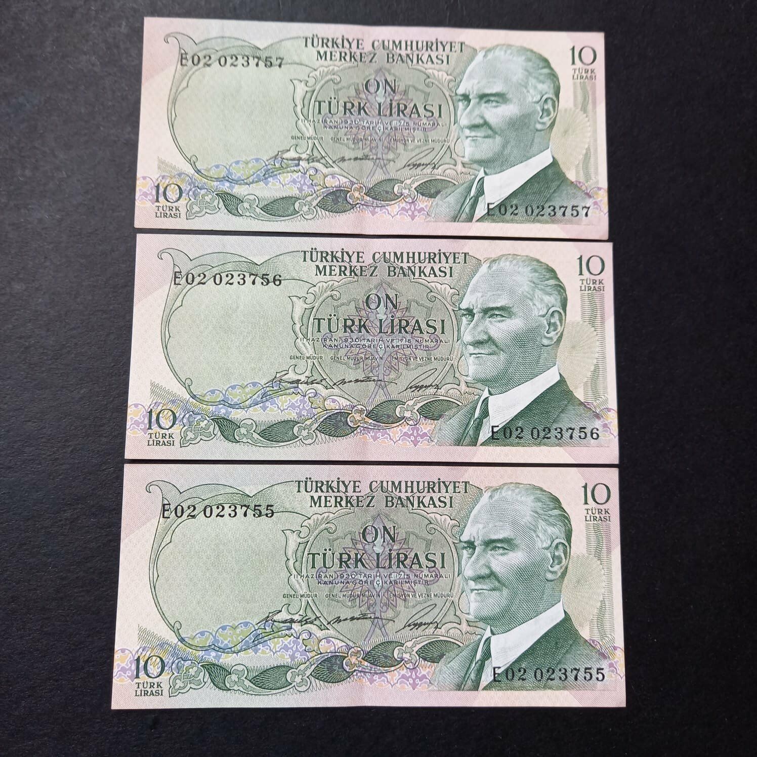 E02-023755/757 10Lira Seri takipli ÇT/ÇÇT eski kağıt para 3'lü 6.Emisyon 1.Tertip 399636710136dbb811