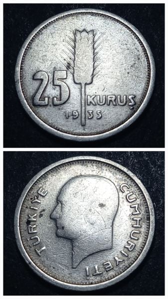 Escoines Koleksiyon - eski 25 Kuruş 1935 ÇT+/TEMİZLENMİŞ eski madeni para - 3996366c4f558a2353