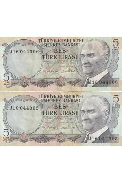 6. Emisyon 5 Türk Lirası çt/ççt (seri takipli / 044005-044006) Eski kağıt para