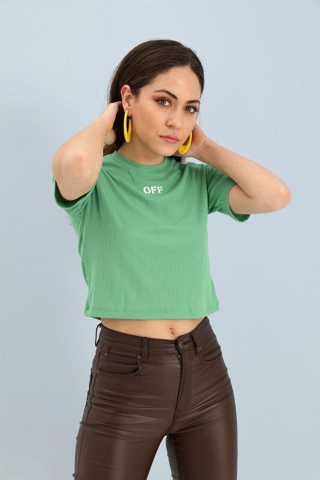 Tshirt Crop Bisiklet Yaka Off Yazılı - Yeşil