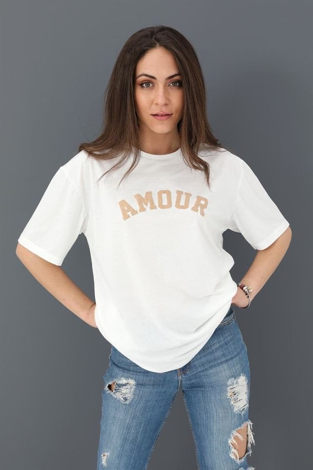 T-shirt Bisiklet Yaka Amour Baskılı - Bej