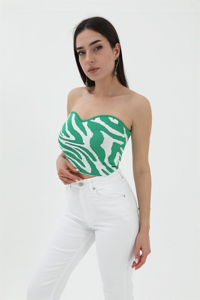 Zebra Desen Triko Crop - Yeşil