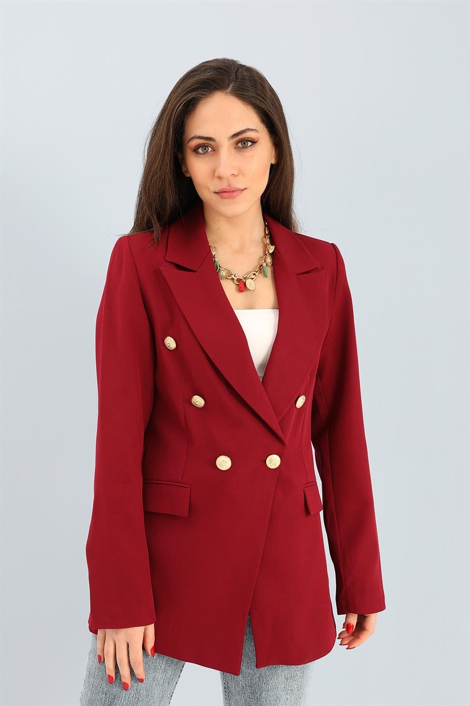 Blazer Fleto Cepli Atlas Kumaş Ceket - Bordo