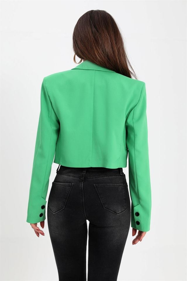 Çift Peto Cepli Kısa Crop Blazer Ceket - Yeşil