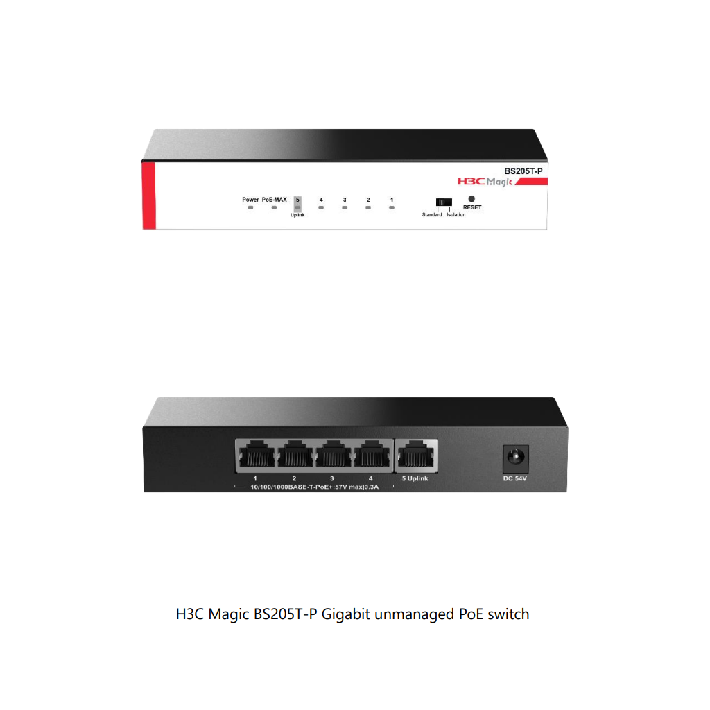 H3c Magic Bs205t-P, 5 Port, Gigabit, 4 Port Poe, 57w, +1 Port Gigabit Uplink, Metal Kasa, Yönetilemez, Masaüstü Switch