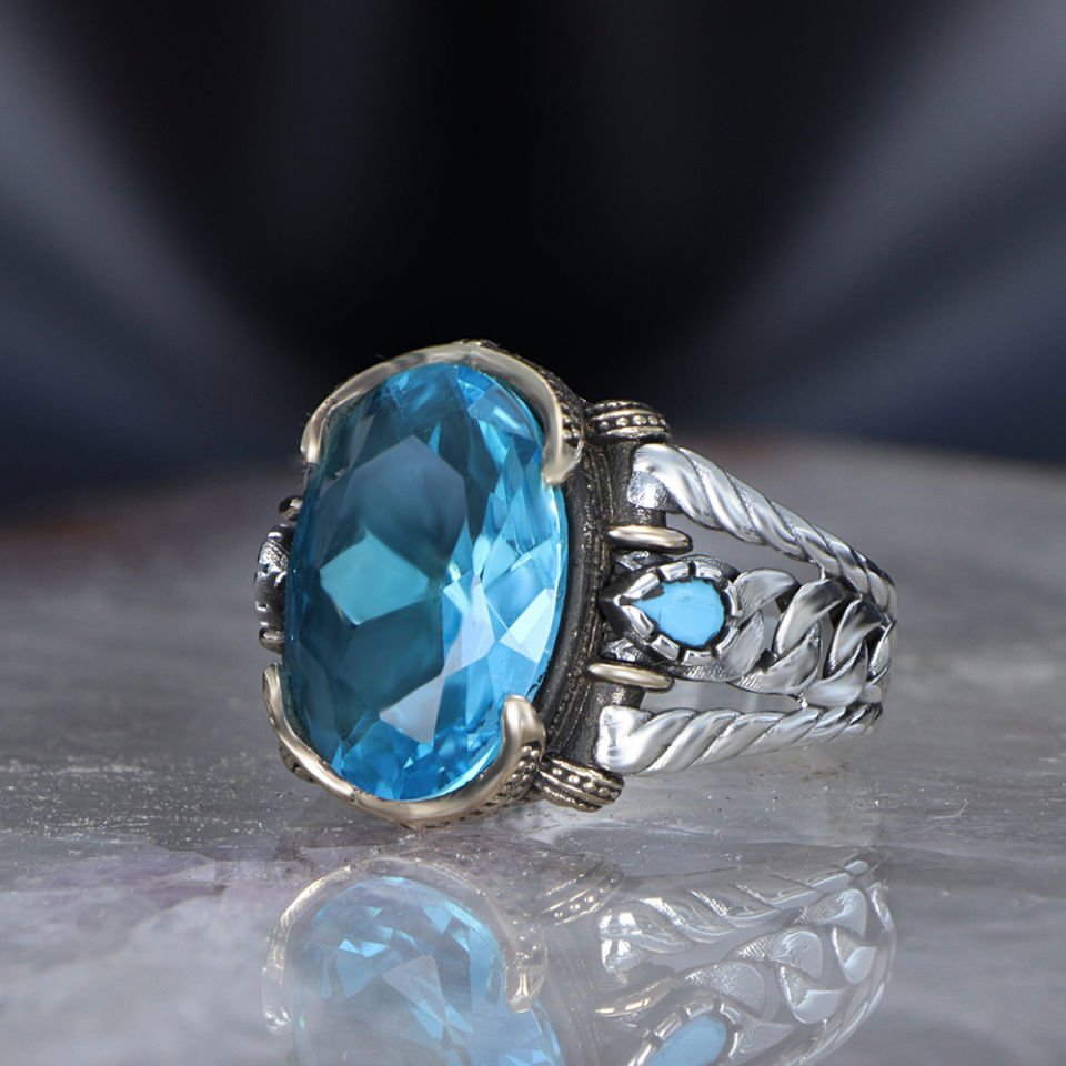 925 Ayar Mavi Blue Topaz Taşlı Erkek Gümüş Yüzük Yeni Tasarım Takı