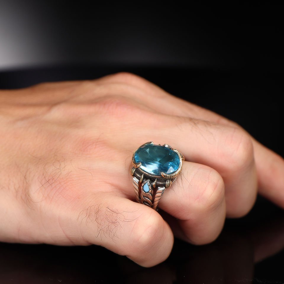 925 Ayar Mavi Blue Topaz Taşlı Erkek Gümüş Yüzük Yeni Tasarım Takı