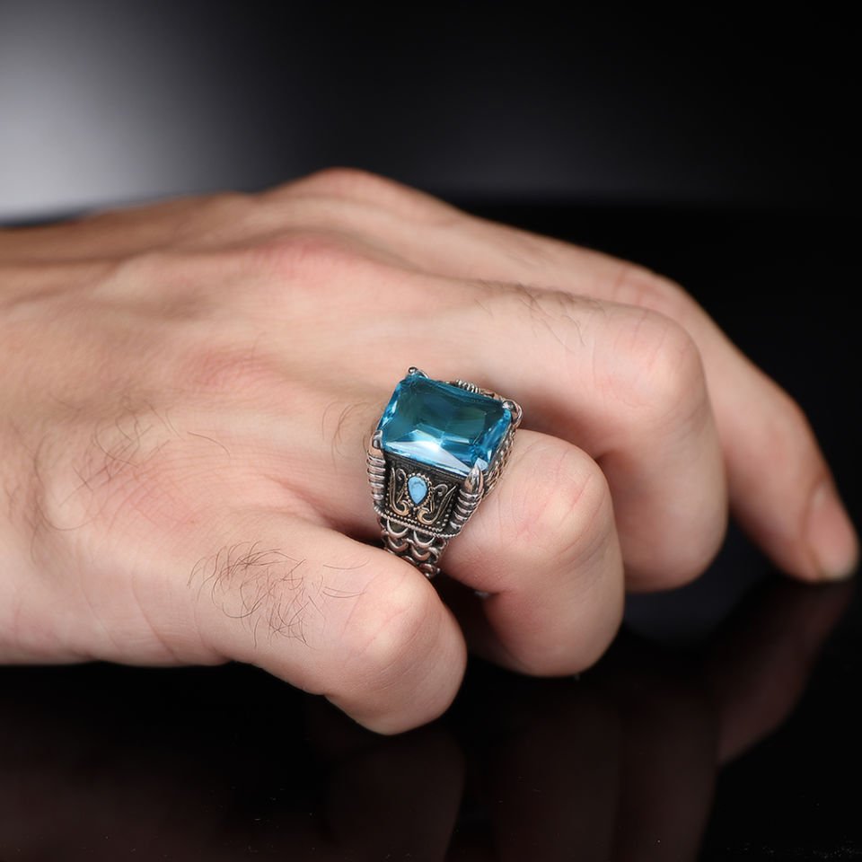 925 Ayar Mavi Blue Topaz Taşlı Erkek Gümüş Yüzük Yeni Tasarım Takı