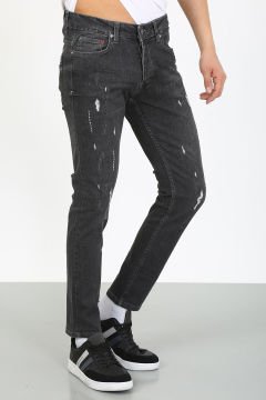 Slim Fit Lazerli Füme Jean