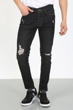 Slim Fit Diz Yırtık Siyah Jean