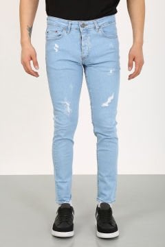 Slim Fit Lazerli Buz Mavi Jean