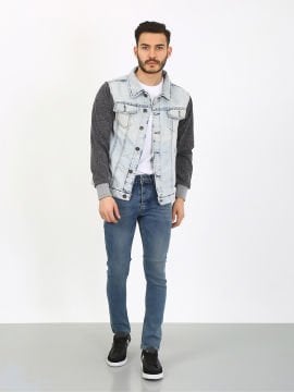 Garni Kol Buz Mavi Denim Ceket