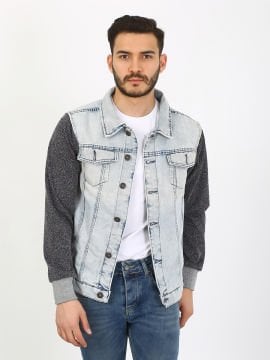 Garni Kol Buz Mavi Denim Ceket