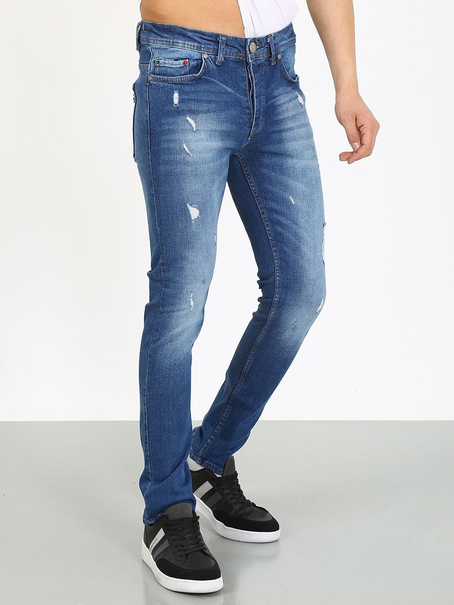 Slim Fit Lazerli Mavi Denim Jeans