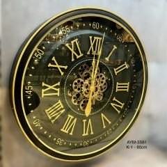 Siyah Gold Metal Çarklı Duvar Saati 80cm