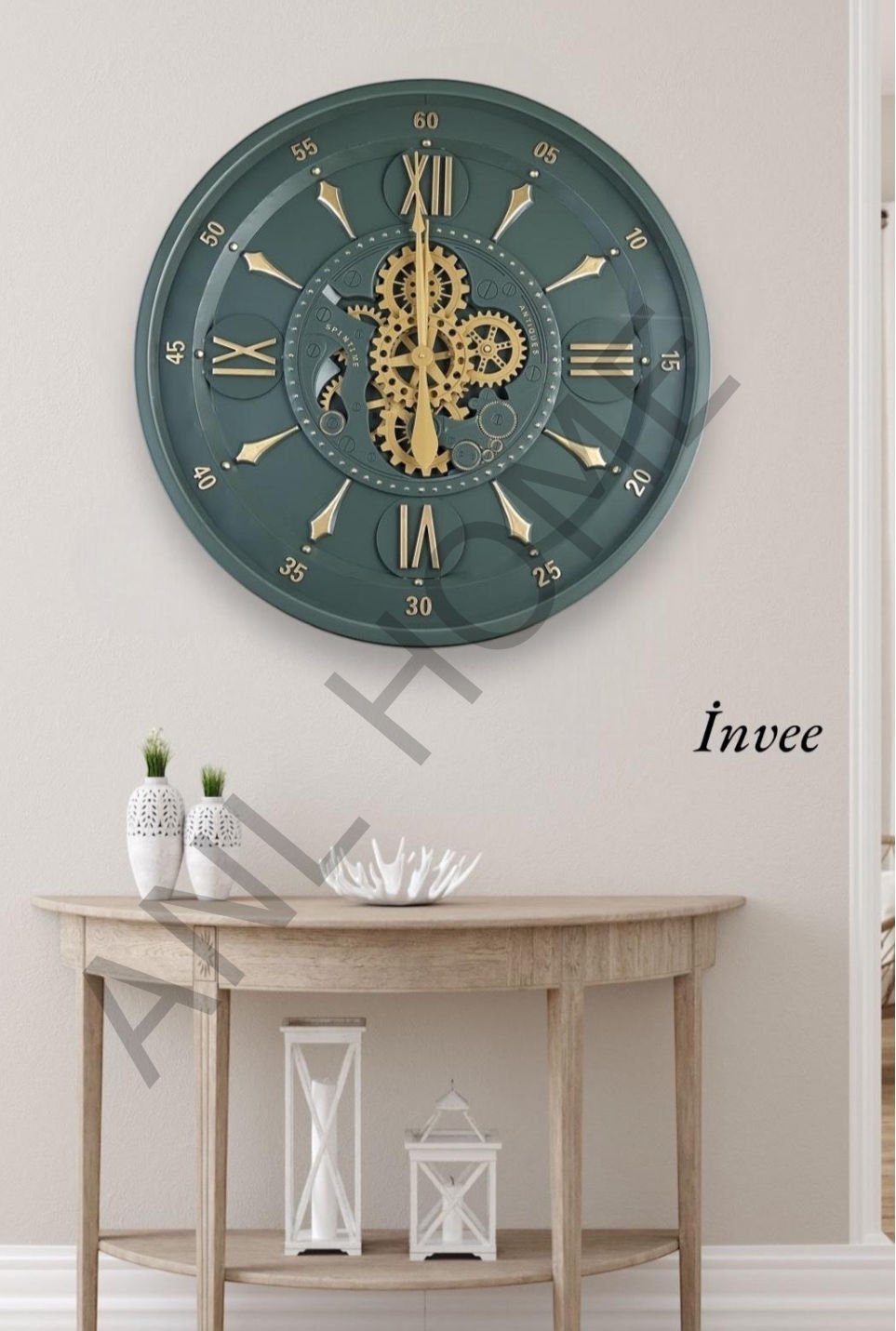 80 cm haki yeşil metal çarklı duvar saati