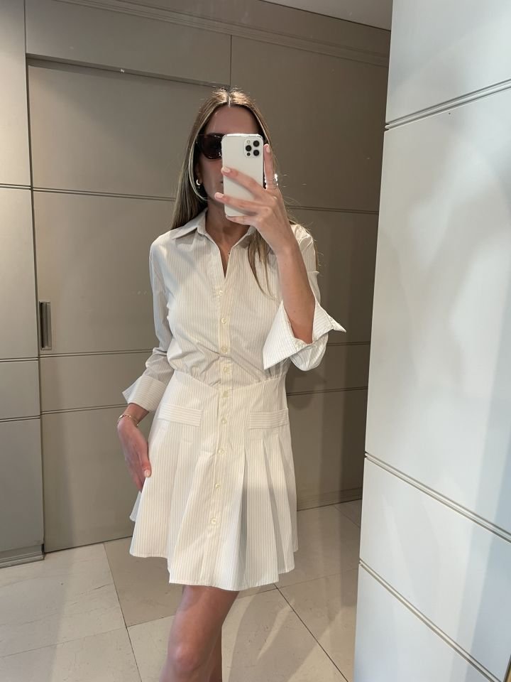 Krem Çizgili Mini Poplin Gömlek Elbise