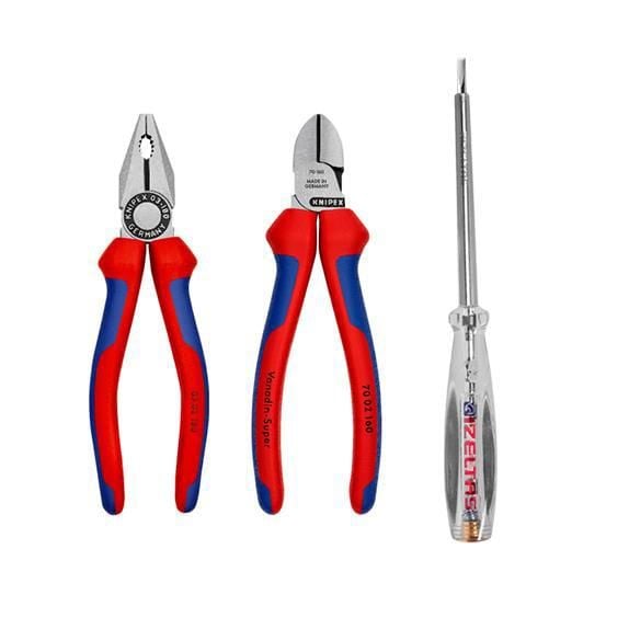 Knipex 3'lü Set Kombine Pense 180 mm Yan Keski 160 mm Kontrol Kalemi 190 mm Set