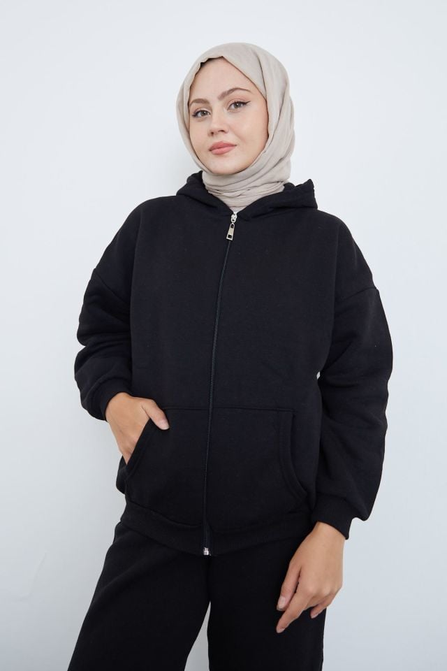 Ön Fermuarlı Kapşonlu Sweatshirt Hırka-Siyah