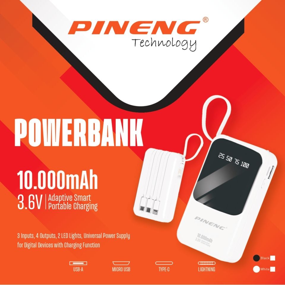 Pineng PN-560 10000 Mah 4 Kablolu Ledli Powerbank Beyaz