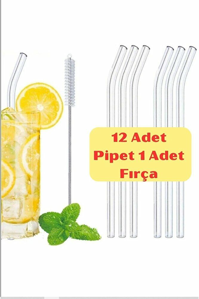 Cam Pipet 12 Adet + 1 Adet Temizleme Fırçası Isıya Dayanıklı Eğimli Pipet