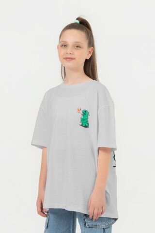 On ve Arka Bask l Bisiklet Yaka 100 Pamuk Oversize K z Cocuk Ti ort 152 cm 12 13 ya Gri