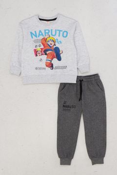 Naruto Baskılı Pamuklu Sweatshirt Eşofman Alt-Üst Erkek Çocuk Eşofman Takım 128 cm (8-9 Yaş) - Gri