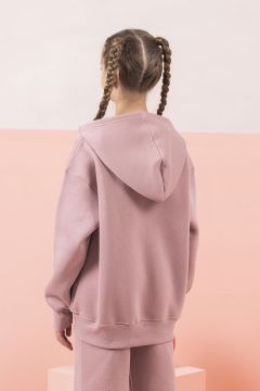 Kapüşonlu Fermuarlı Şardonlu Kalın Kız Çocuk Sweatshirt Kışlık Hırka 158 cm (13-14 yaş) - Pudra