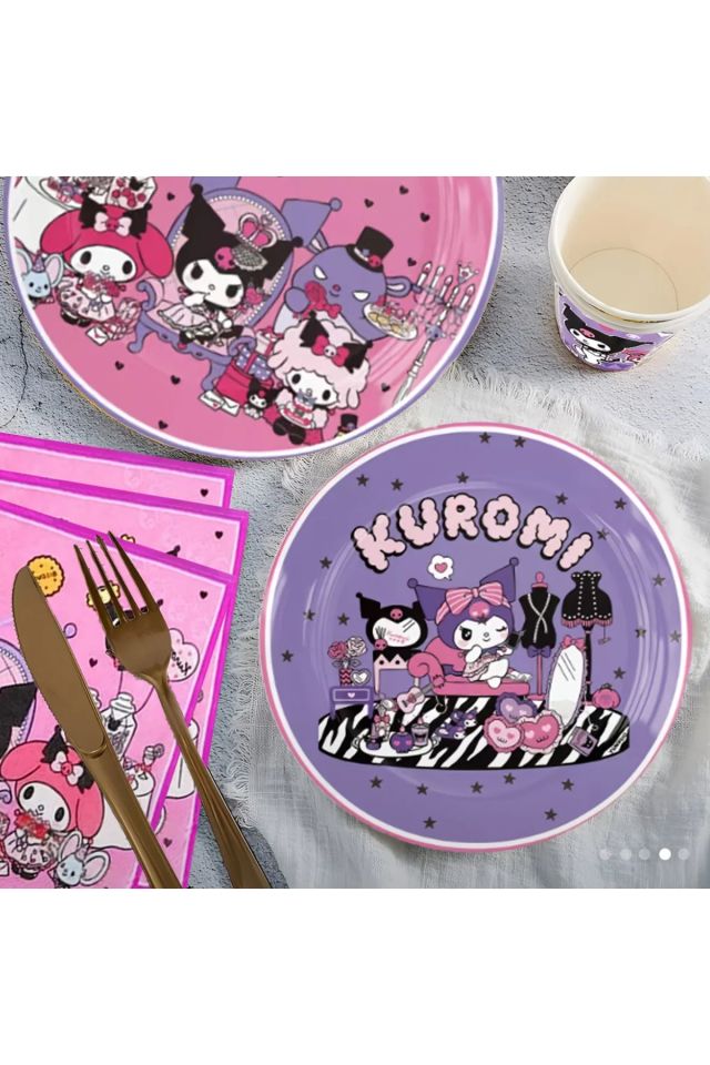10 Kişilik 50 Parça Sanrio Kuromi Karakterli Doğum Günü Partisi Seti / Karton Tabak, Bardak, Peçete