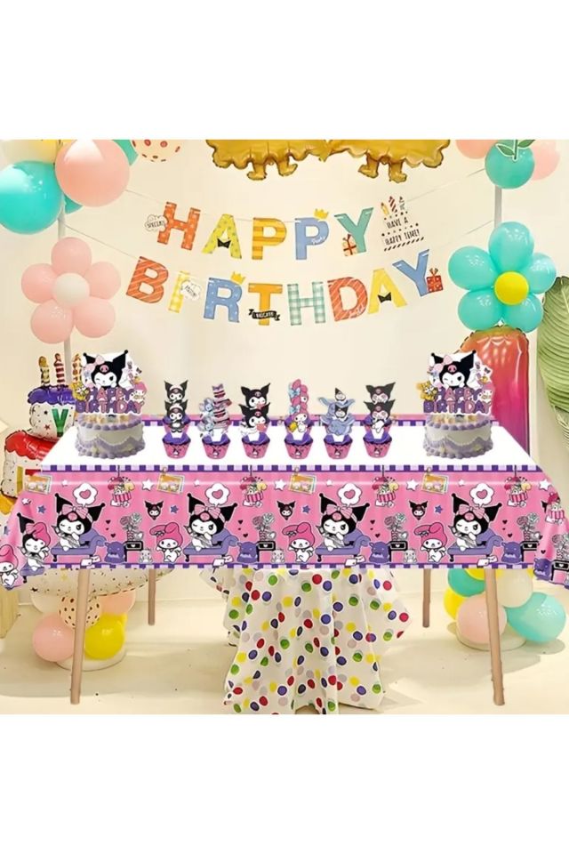 Sanrio Kuromi Karakterli Doğum Günü Partisi Masa Örtüsü