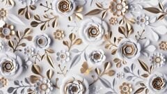 3 Boyutlu Gold-Beyaz Çiçek ve Yaprak Desenli Modern Duvar Kağıdı Baskı