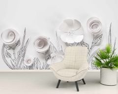 3 Boyutlu Kağıttan Beyaz Çiçek Desenli Duvar Kağıdı Baskı