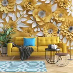 3 Boyutlu Sarı Çiçek Desenli Duvar Kağıdı Baskı
