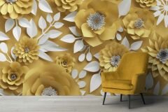 3 Boyutlu Sarı Çiçek Desenli Duvar Kağıdı Baskı