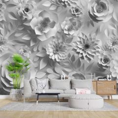 3 Boyutlu  Beyaz ve Gri Çiçek Duvar Kağıdı Baskı
