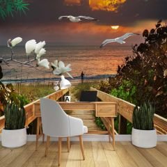 Deniz Kuş Ağaç Çiçek Günbatımı Manzaralı Modern Duvar Kağıdı Baskı