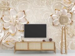 Gold-Beyaz Çiçek Desenli Modern Duvar Kağıdı Baskı
