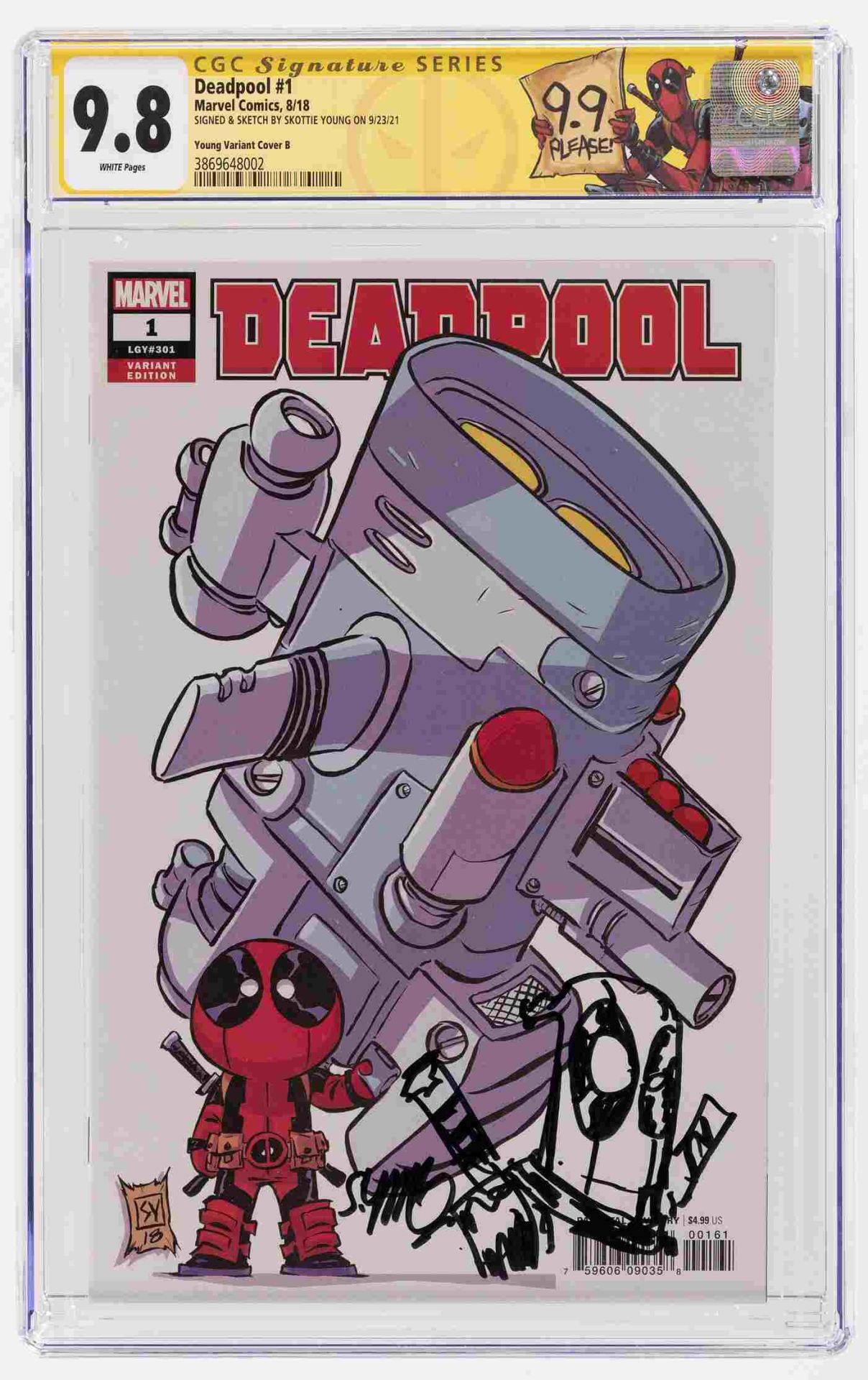 DEADPOOL #1 AUGUST 2018 CGC 9.8 SKOTTIE YOUNG REMARKED AND SIGNED