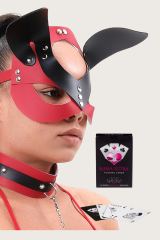 Sexi Görselli Oyun Kartı Kama Sutra Şeytan Kulaklı Deri Harness Maske İkili Set model BK1049