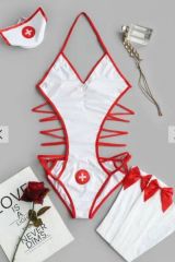 Hantezi Jartiyer Kırmızı File Çorap lı Beyaz Hemşire Kıyafeti Kostüm 52047