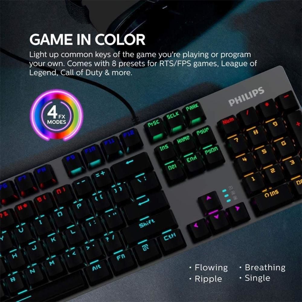 Philips SPK8404  Mekanik Gaming Oyuncu Klavyesi RGB LED IŞIK (Kablo Uzunluğu 1,60cm) Caps Lock Tuşu