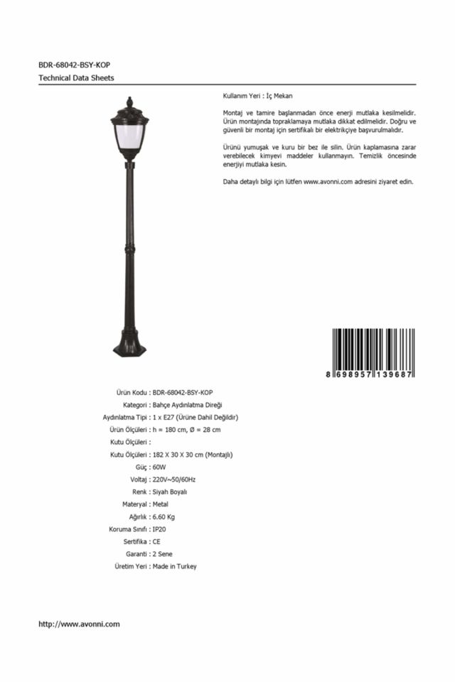 Bahçe Direkleri E27 12W 28cm Alüminyum Siyah Dorbien-BDR-68042-BSY-KOP