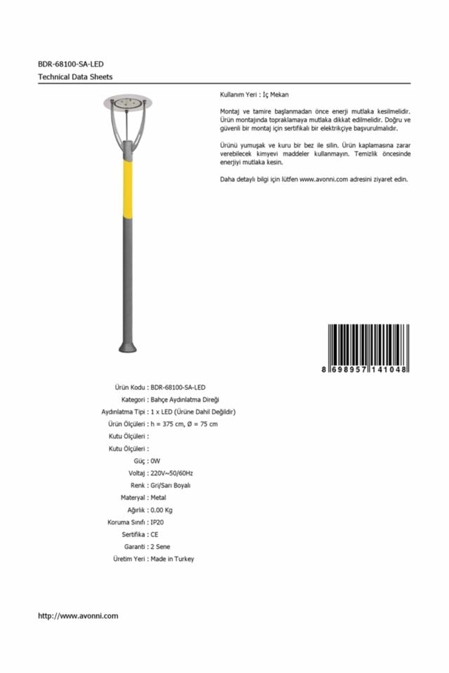 Bahçe Direkleri LED 16W 75cm Çelik Boru Gri/Sarı Dorbien-BDR-68100-SA-LED