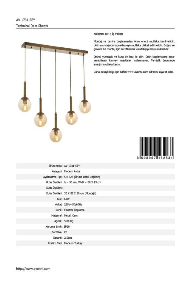 Ada Modern Avize E27 60W 80x13cm Metal Eskitme Avonni-AV-1781-5EY