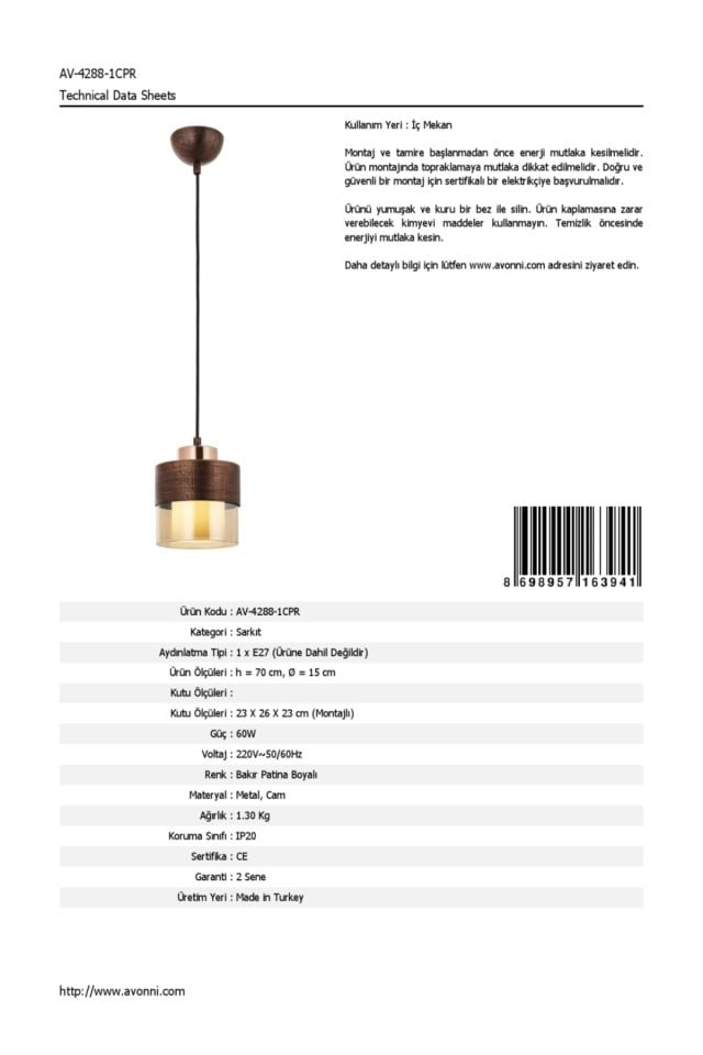 Cabin Modern Avize E27 12W 15cm Metal Bakır Patina Avonni-AV-4288-1CPR