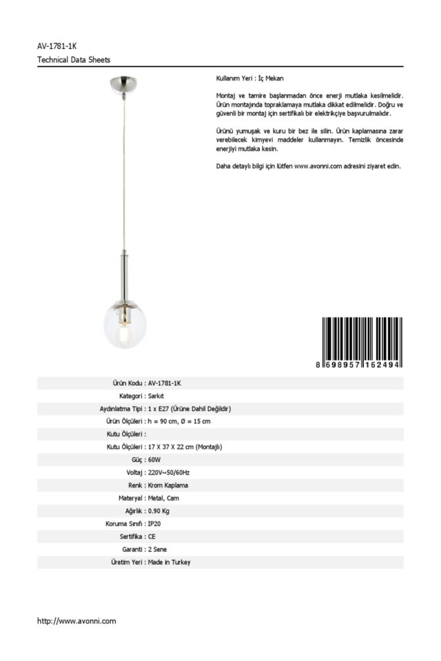 Ada Modern Avize E27 12W 15cm Metal Krom Avonni-AV-1781-1K