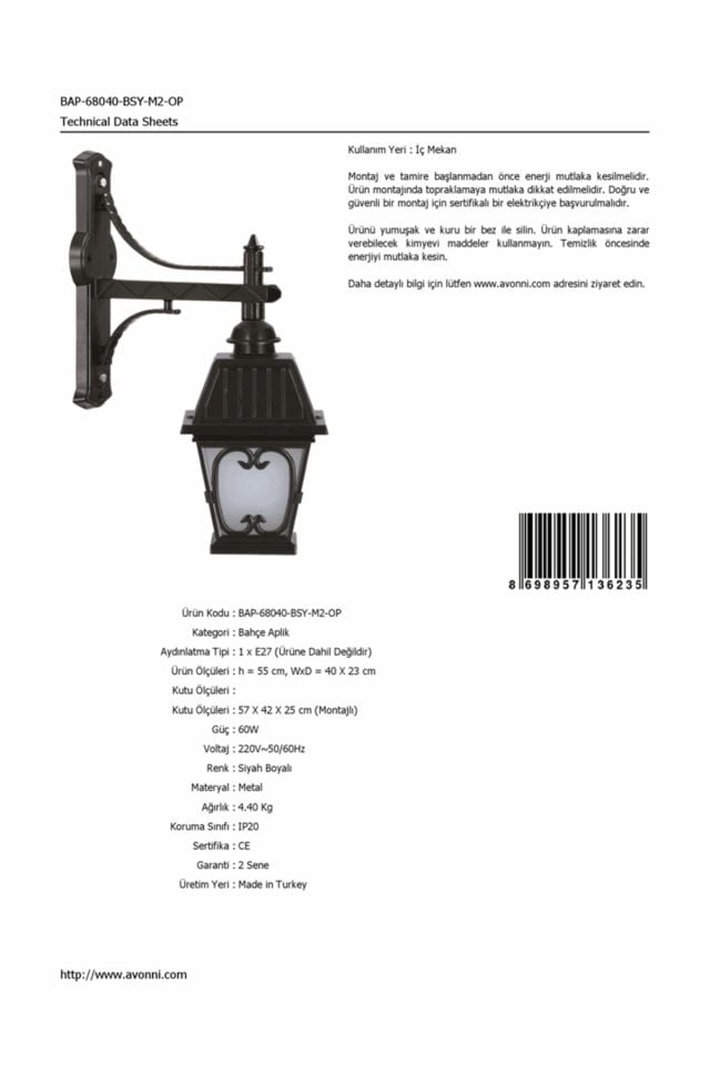 Bahçe Aplik E27 12W 40x23cm Alüminyum Siyah Dorbien-BAP-68040-BSY-M2-OP