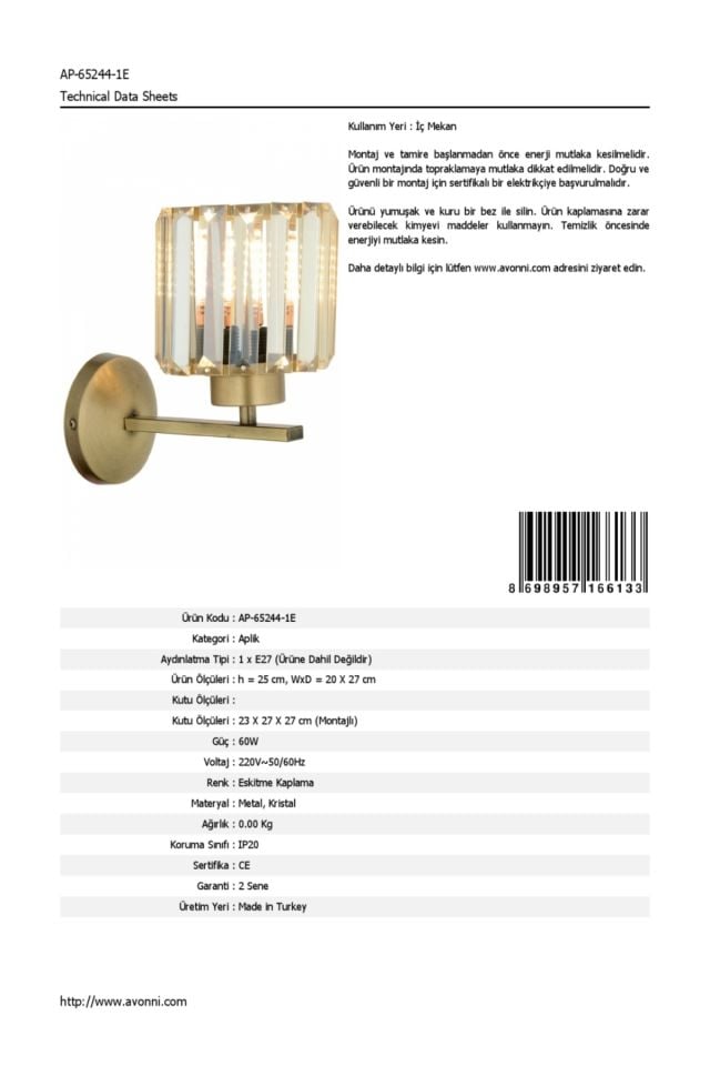 Aralık Aplik E27 12W 20x27cm Metal Eskitme Dorbien-AP-65244-1E