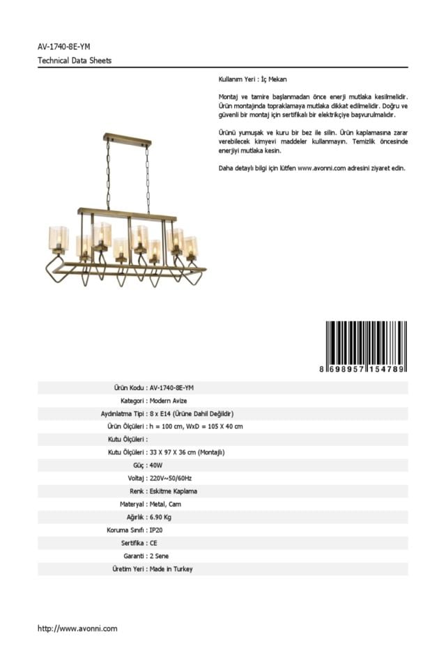 Konsey Modern Avize E14 48W 105x40cm Metal Eskitme Avonni-AV-1740-8E-YM